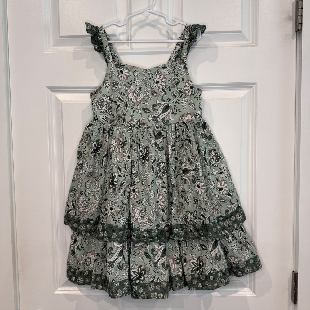 Joie Girls Sage Green Floral Tiered Ruffle Strap Dress Size 8